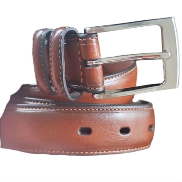 Handcrafted Coated Leather Belt Rich Cognac Brown Classic Stitching Sz 38 - Picture 1 of 7